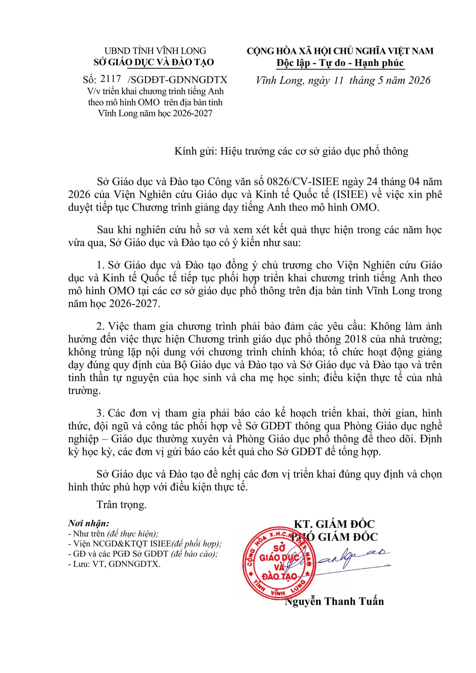 Công văn số 2117/SGDĐT-GDNNGDTX của Sở Giáo dục và Đào tạo Vĩnh Long về việc triển khai chương trình tiếng Anh theo mô hình OMO năm học 2026-2027