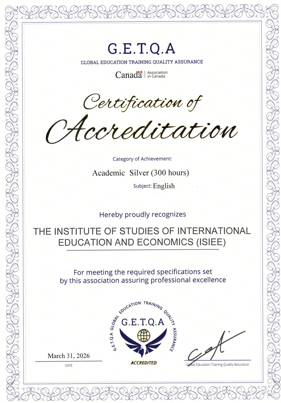 Partnership and quality-assurance certificates issued by Glenn College and G.E.T.Q.A (Canada)
