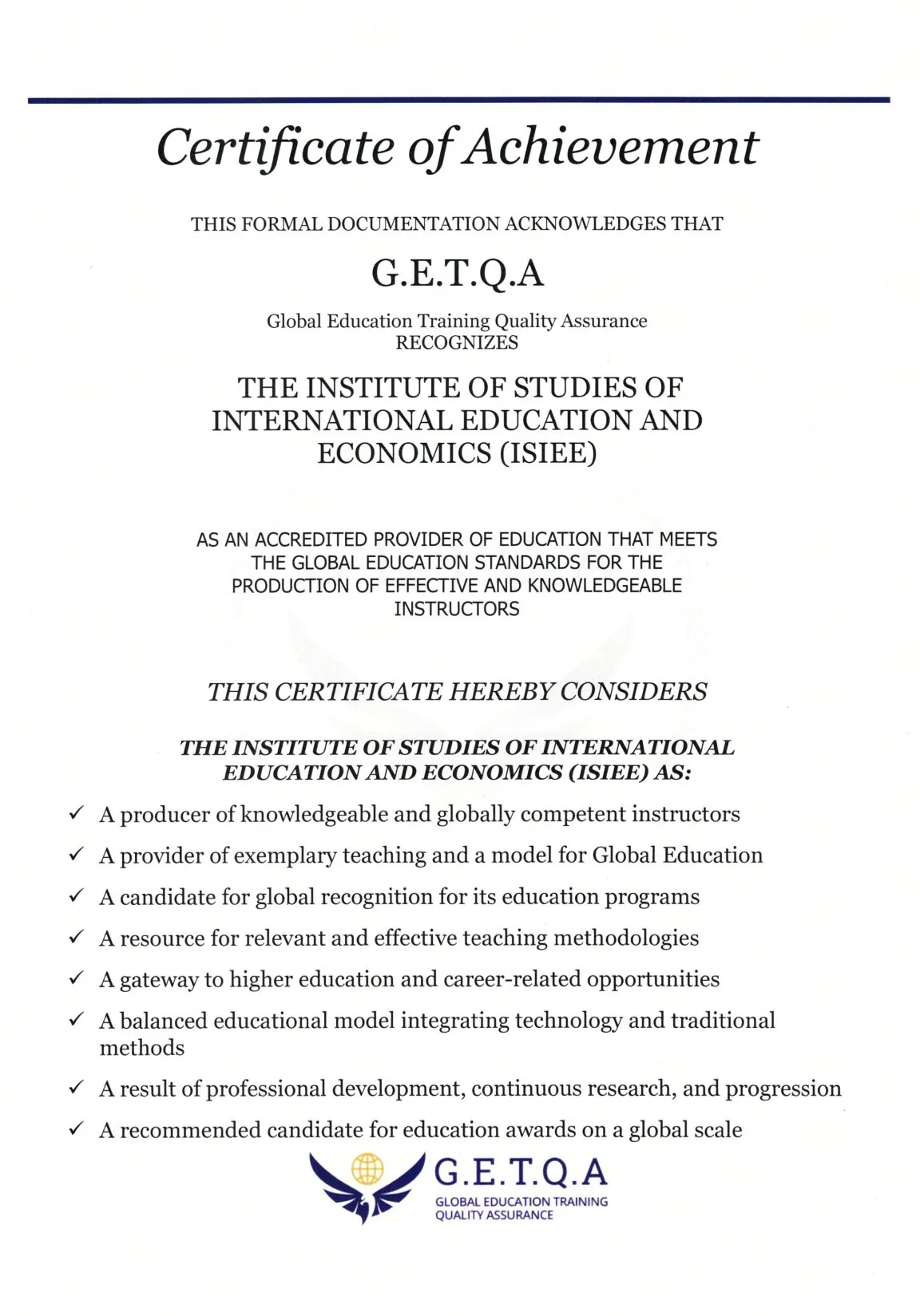 Partnership and quality-assurance certificates issued by Glenn College and G.E.T.Q.A (Canada)