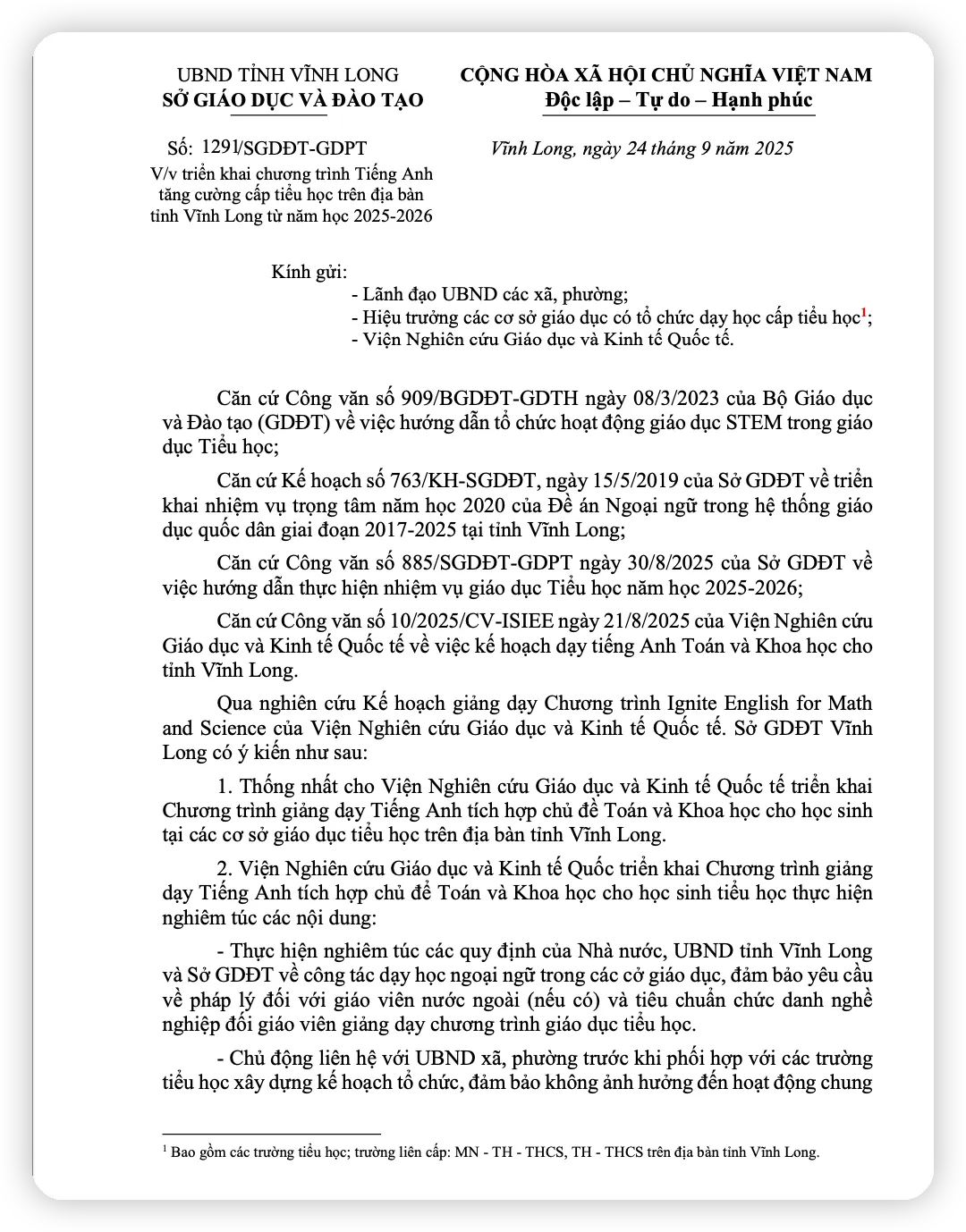 Official dispatch No. 129/SGDĐT-GDPT from the Vinh Long Department of Education and Training on implementing the intensive primary-level English program from the 2025-2026 school year (Vietnamese-language scan) (1/2)